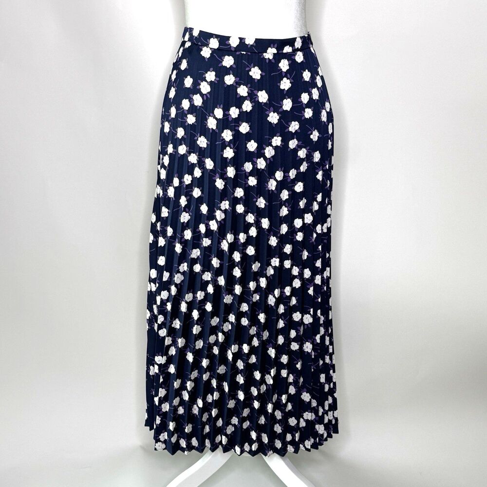 J. CREW Full Length Skirt Women's Sz 12 Blue w/White Purple Flowers Pleated Y2K